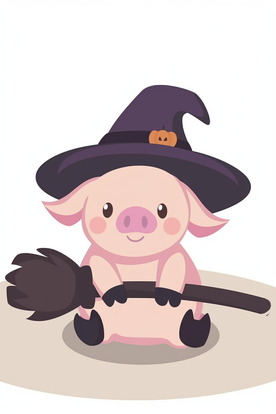 halloween cute animals drawings 2, featuring a charming piglet wearing a witch hat and holding a broom.